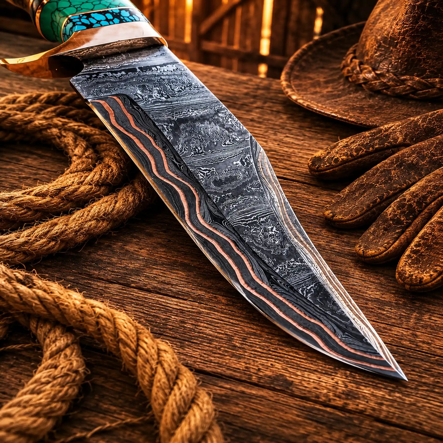 Copper Damascus Hunting Knife – Turquoise & Resin Bowie