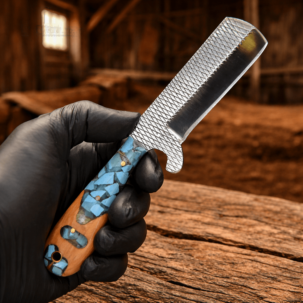 Handmade Cowboy Bull Cutter Knife – Rasp File Steel Blade with Turquoise & Wood Handle