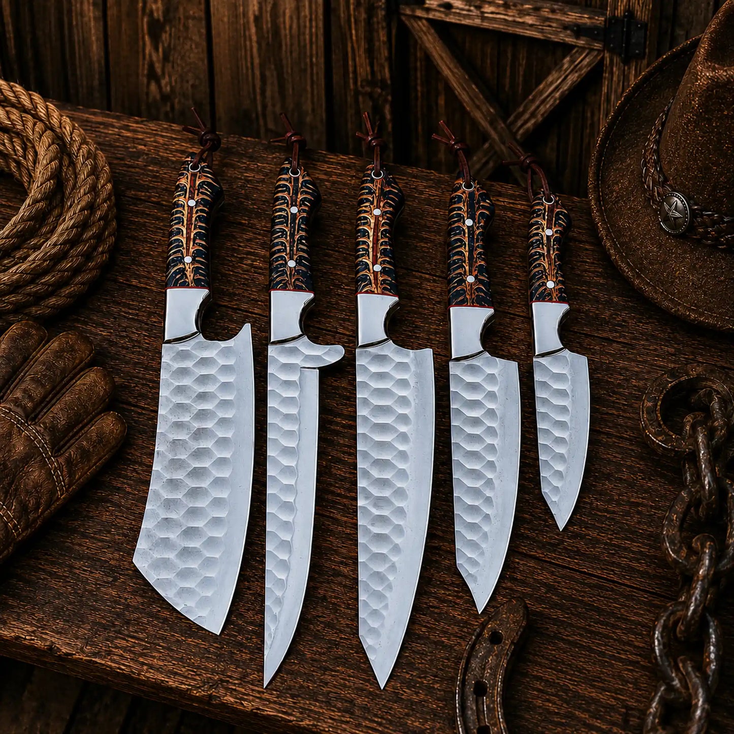 Cone Back Handles D2 Steel Chef Knife Set with Leather Roll Kit
