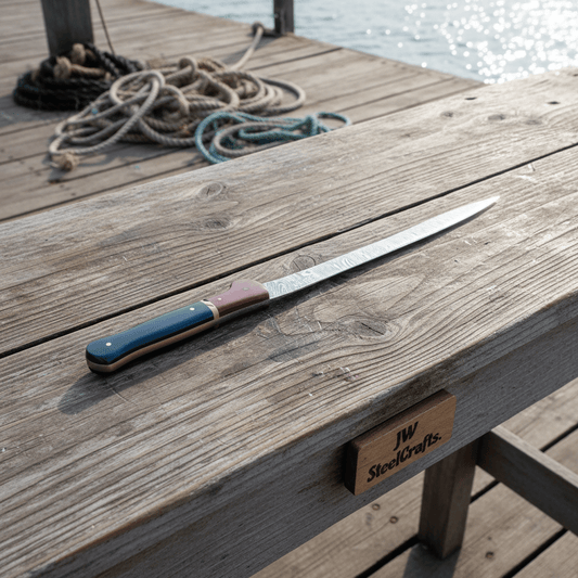 13-Inch Forged Damascus Boning & Fillet Knife — Blue and Red Two-Tone Resin Handle, Steel Bolster & Silver Pins