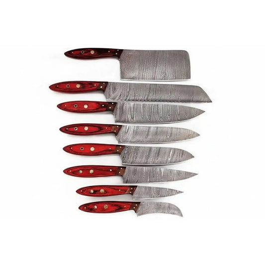 JW SteelCrafts Handmade Damascus Kitchen Knife Set of 8, Cleaver, Santoku, Gyuto Chef, Utility, Boning and Skinning Knives, Red Pakka Wood Handle, Full Tang