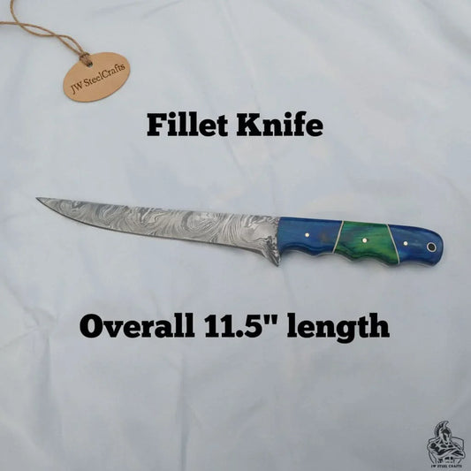 11.5 Inch Damascus Steel Fillet Knife with Two-Tone Colored Wood Handle | JW SteelCrafts