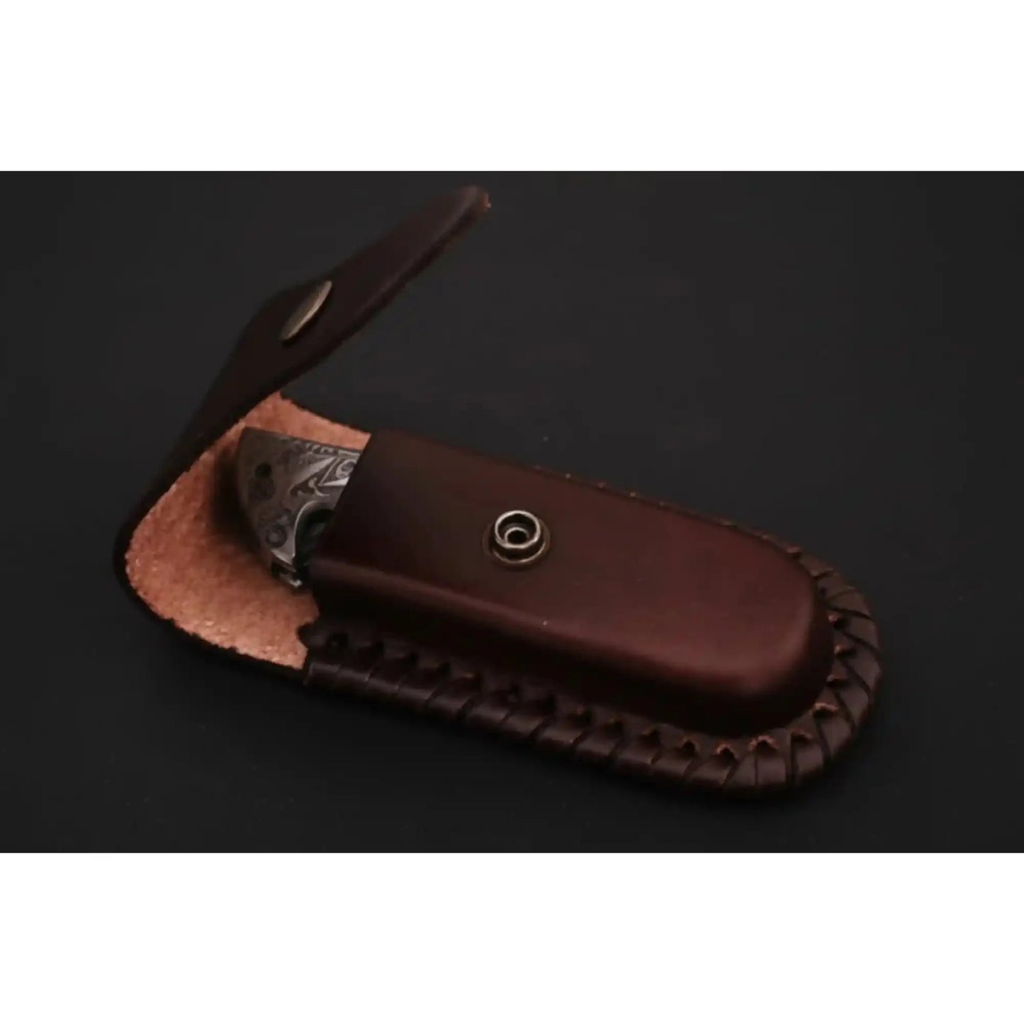 Handmade Damascus Folding Knife with Bone Handle – Compact EDC Pocket Knife with Leather Sheath