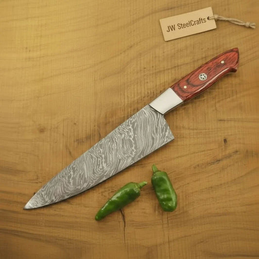 12 Inch Handmade Damascus Gyuto Chef Knife – Japanese Style Blade with Red Pakka Wood Handle