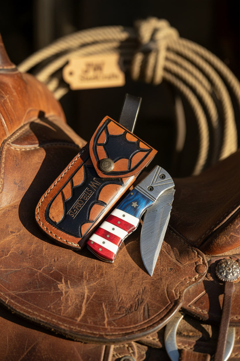 Patriot Damascus Folding Knife 7” opened – American Flag Handle with Leather Sheath