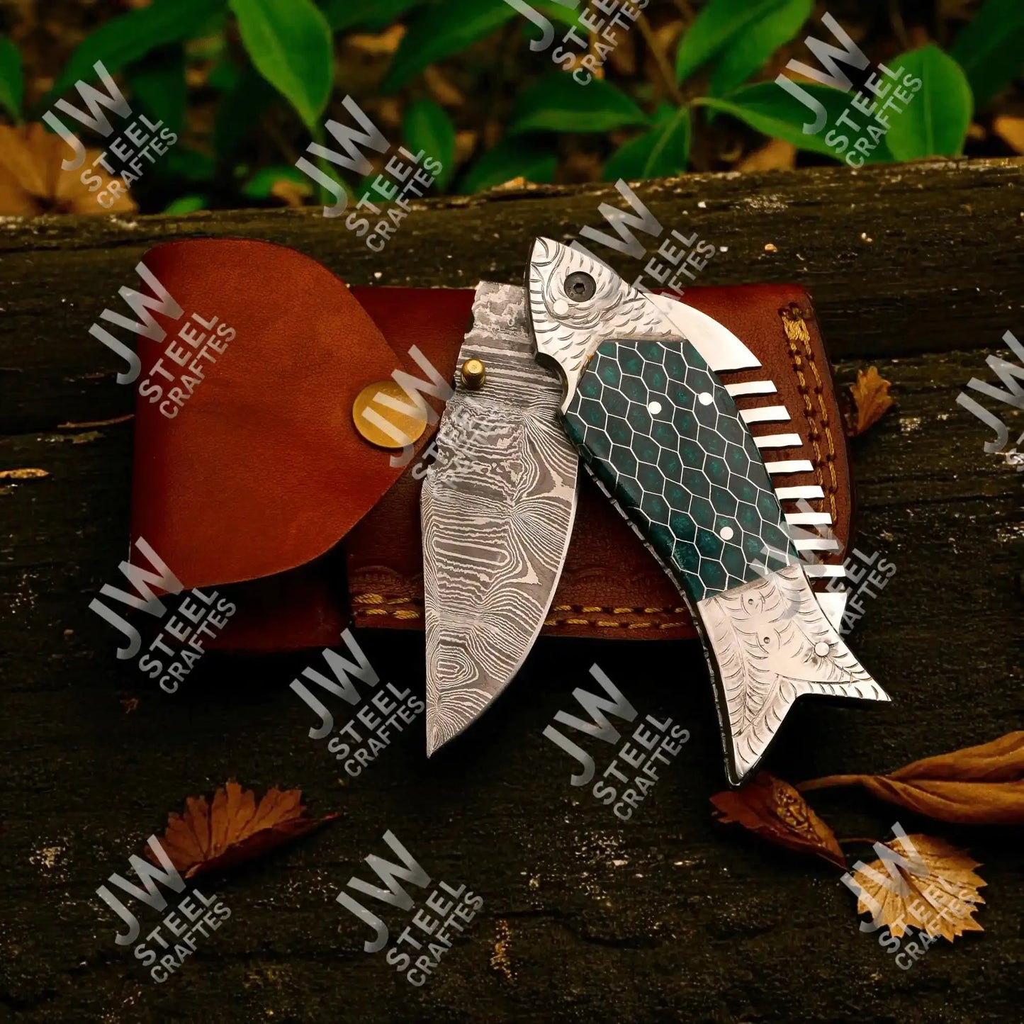Handmade Damascus Steel Folding Knife – Green Honeycomb Handle