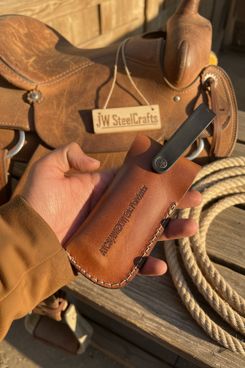 Patriot Damascus Folding Knife 7” opened – American Flag Handle with Leather Sheath