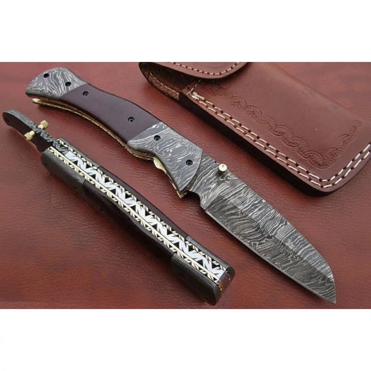 Handmade Damascus Steel Folding Knife – Matte Black Handle with Brass Liner & Thumb Stud | JW SteelCrafts