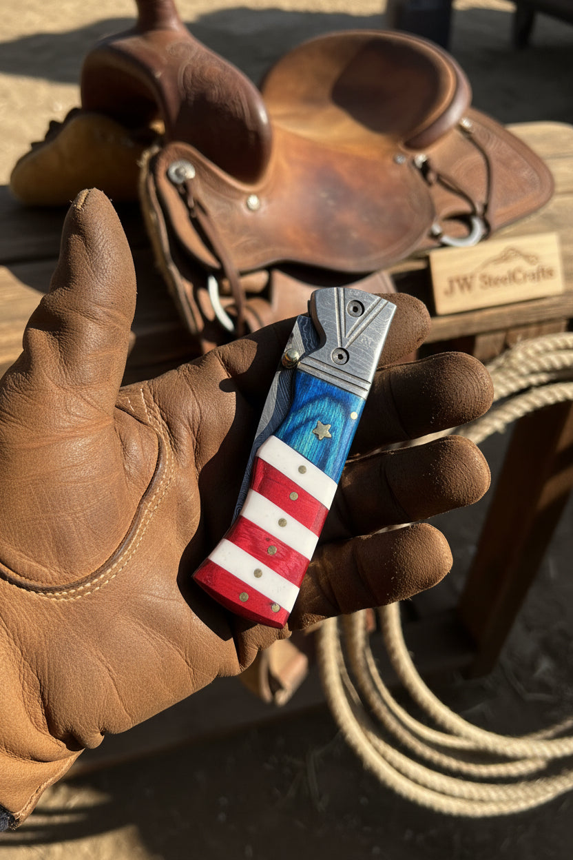Patriot Damascus Folding Knife 7” opened – American Flag Handle with Leather Sheath