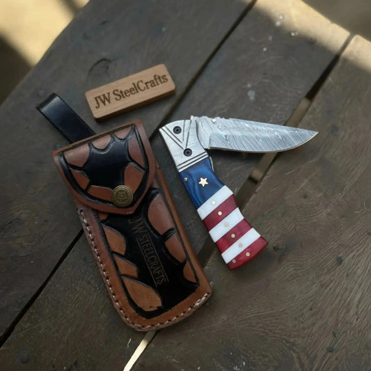 Patriot Damascus Folding Knife 7” opened – American Flag Handle with Leather Sheath