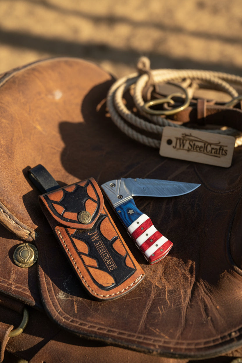 Patriot Damascus Folding Knife 7” opened – American Flag Handle with Leather Sheath
