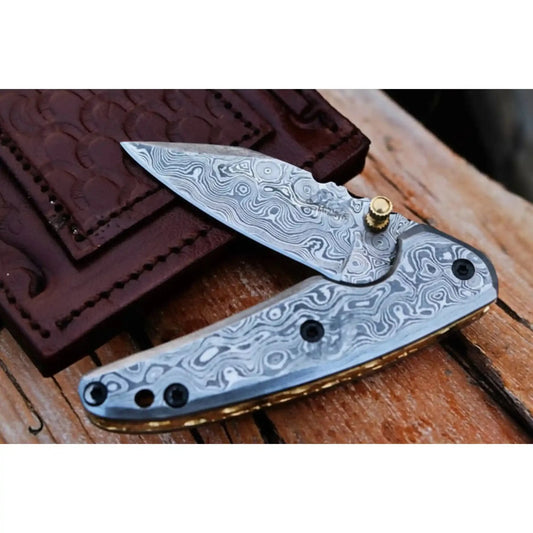Handmade Damascus Steel Folding Knife with Dark Wood Handle & Leather Sheath