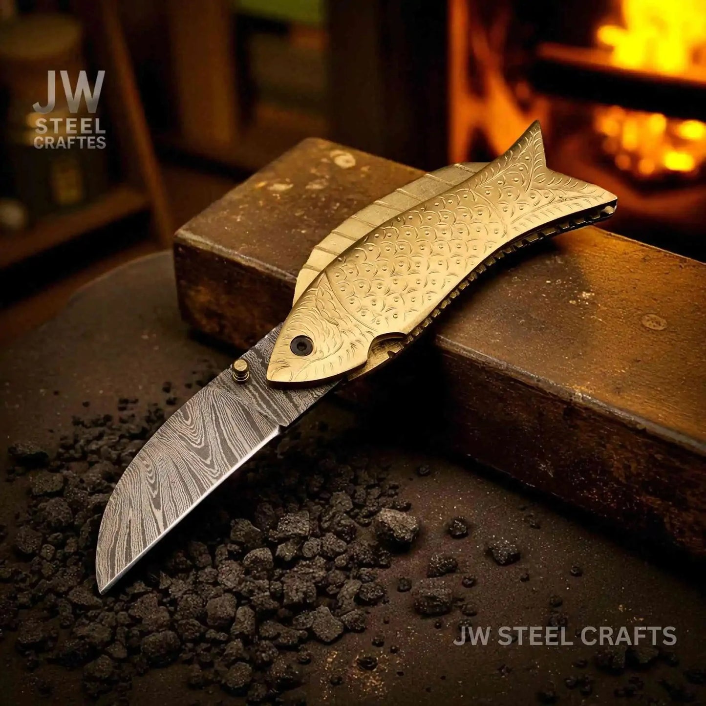 Handmade Damascus Steel Folding Knife with Engraved Brass Fish Handle