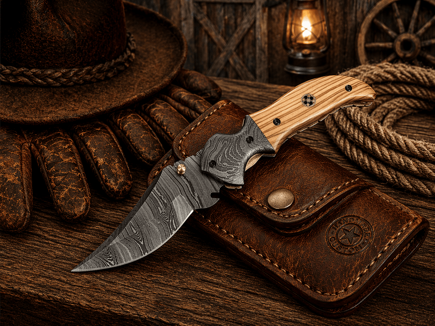 Handmade Damascus Steel Pocket Knife – Olive Wood Handle Folding Knife with Belt Clip | EDC Hunting Camping Knife Gift for Men