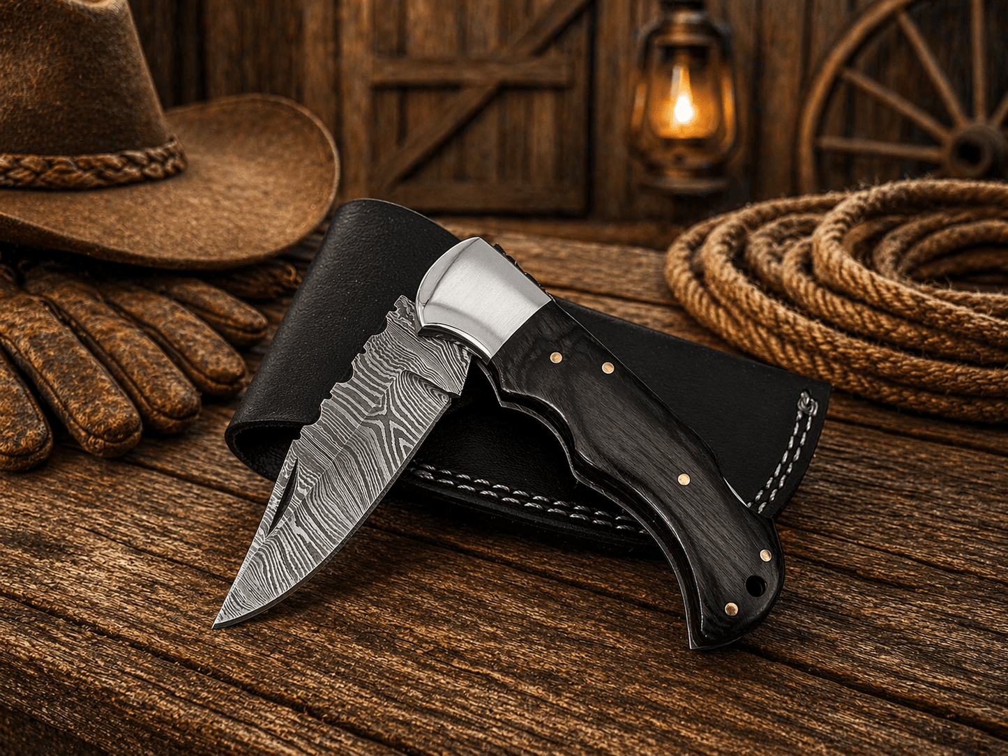 Handmade Damascus Steel Pocket Knife – Pakka Wood Handle Folding Knife with Leather Sheath | EDC Hunting Camping Gift for Men