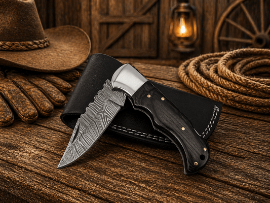 Handmade Damascus Steel Pocket Knife – Pakka Wood Handle Folding Knife with Leather Sheath | EDC Hunting Camping Gift for Men