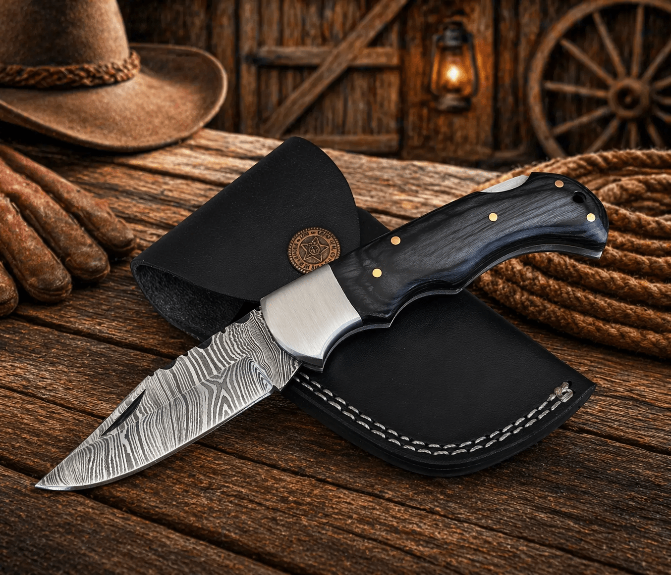 Handmade Damascus Steel Pocket Knife – Pakka Wood Handle Folding Knife with Leather Sheath | EDC Hunting Camping Gift for Men