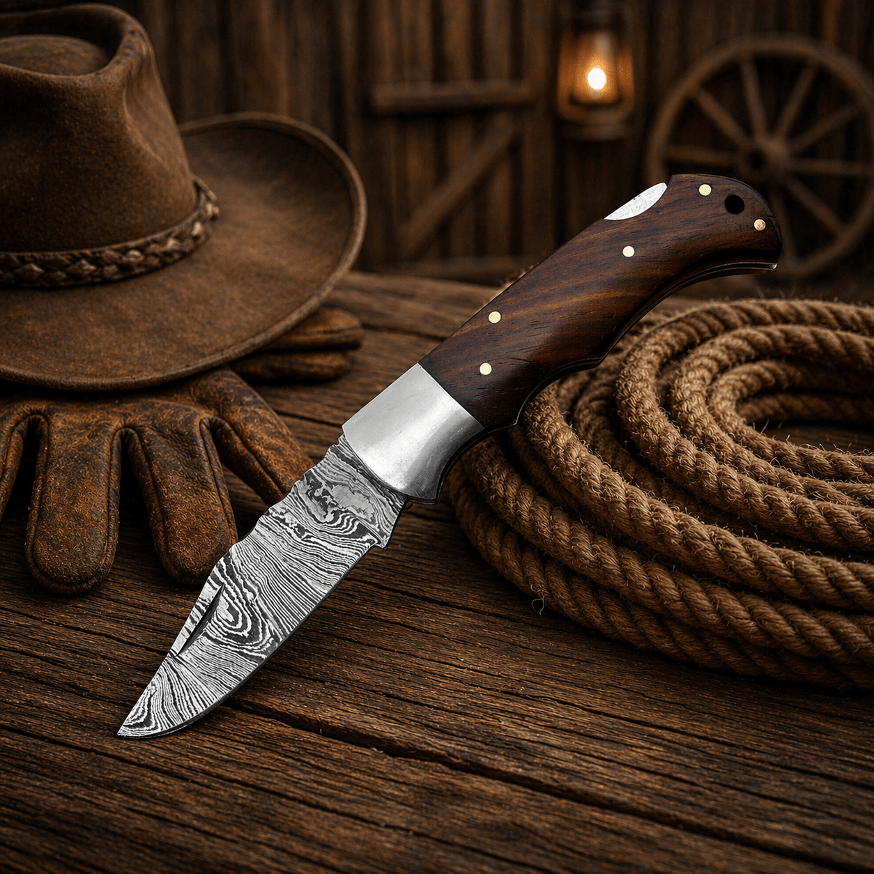 Handmade Damascus Steel Pocket Knife – Rosewood Handle Folding Knife with Leather Sheath | EDC Hunting Camping Gift for Men