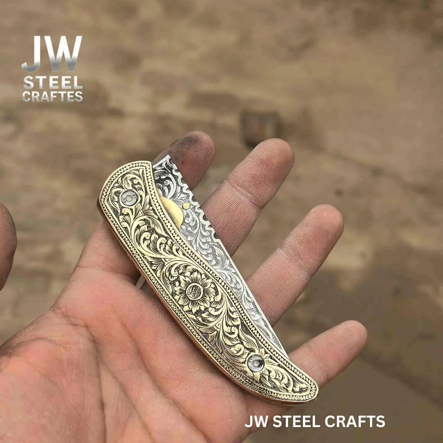 Handmade Engraved Folding Knife – Brass Handle EDC Pocket Knife