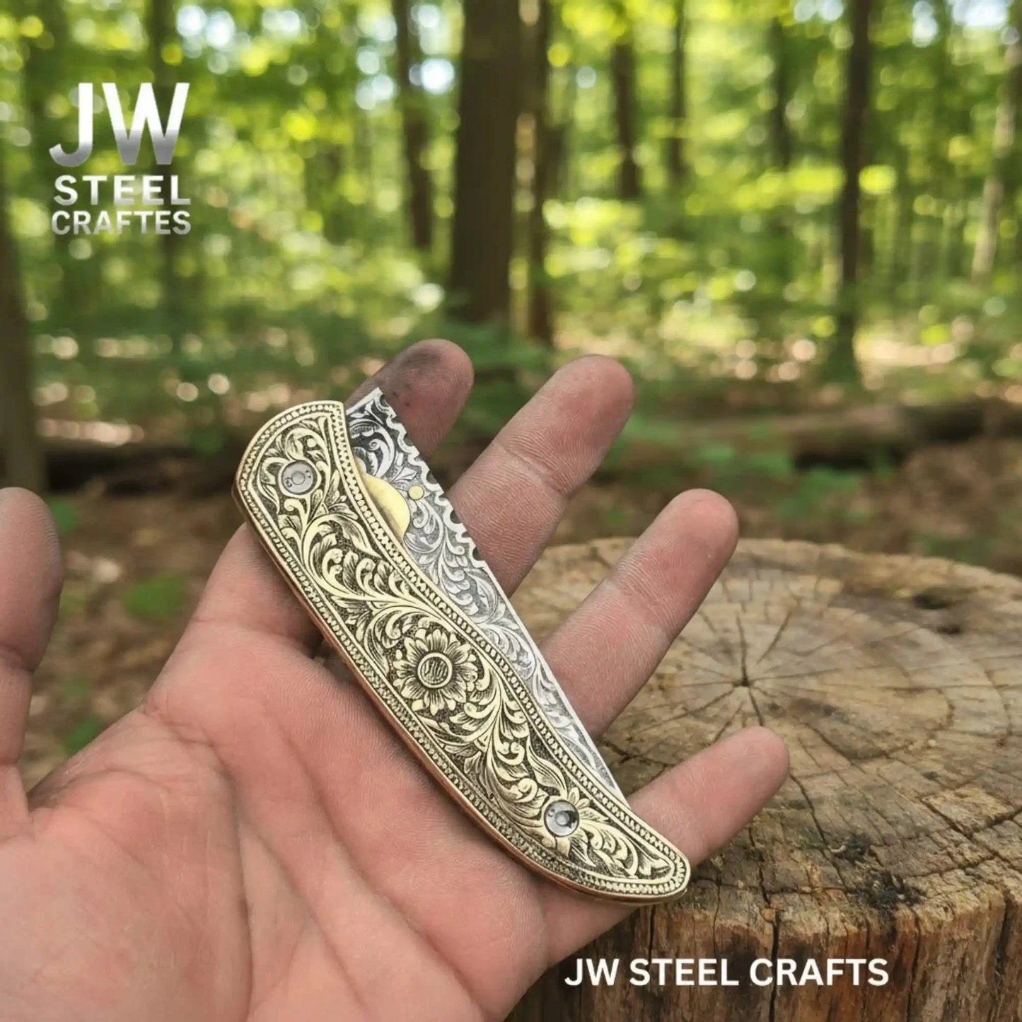 Handmade Engraved Folding Knife – Brass Handle EDC Pocket Knife