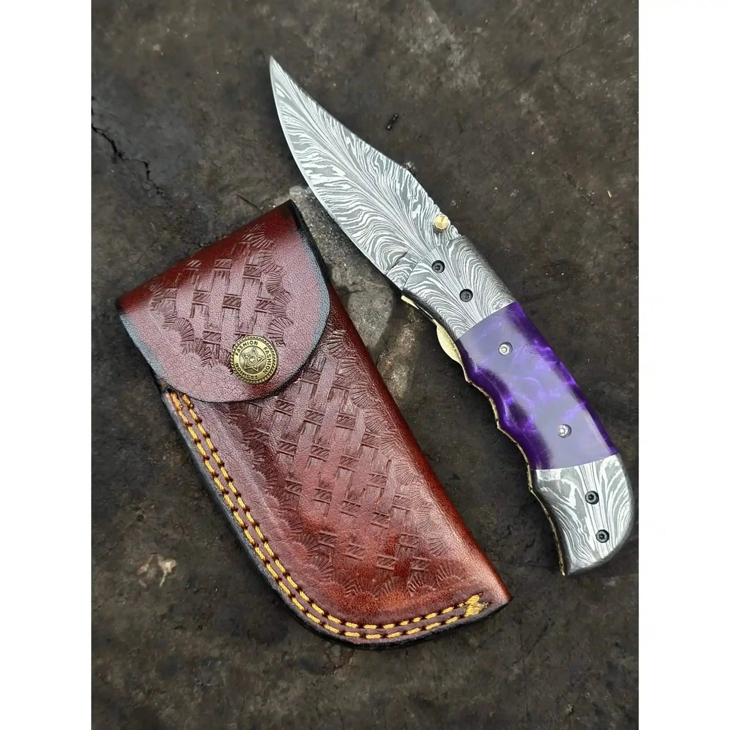 Handmade Feather Pattern Damascus Folding Knife with Purple Resin Handle & Leather Sheath