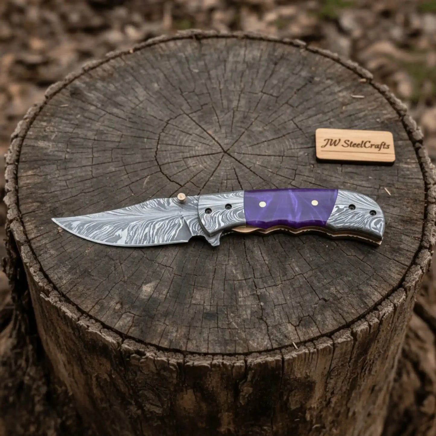 Handmade Feather Pattern Damascus Folding Knife with Purple Resin Handle & Leather Sheath
