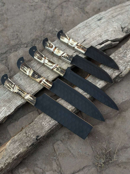 Handmade Hammered Chef Knife Set with Stag Antler Handles | 5-Piece Kitchen Knife Set