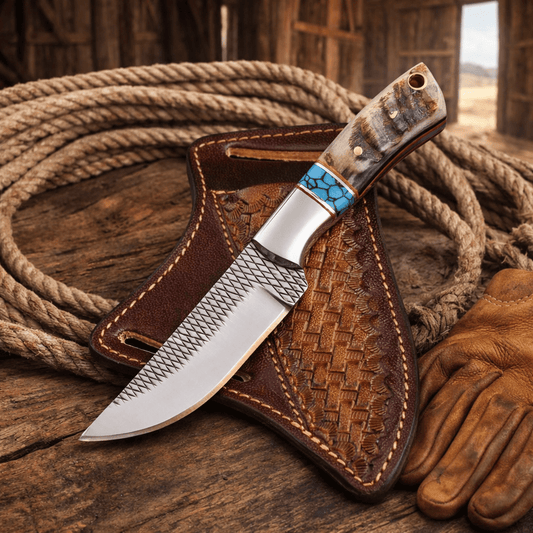 Handmade Rasp Steel Cowboy Skinning Knife – Ram Horn & Turquoise Handle with Leather Belt Sheath