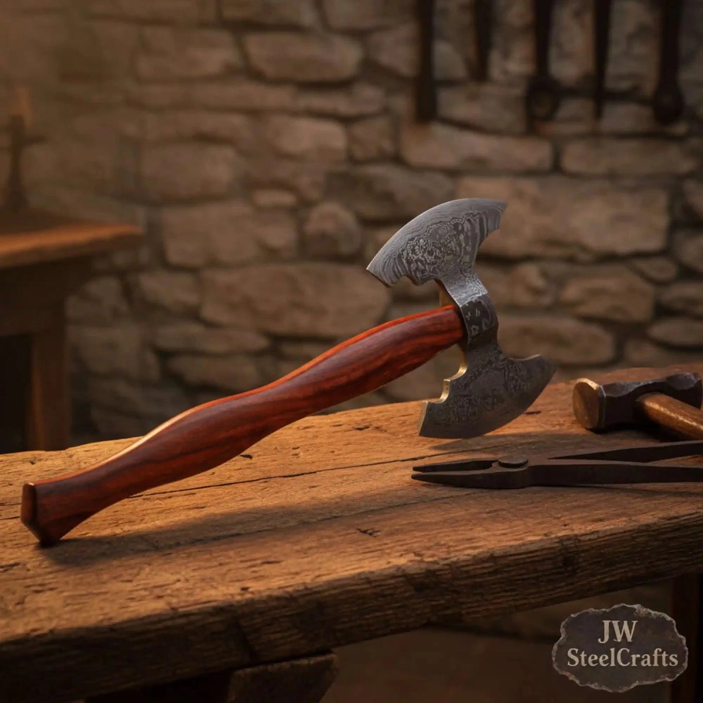 Handmade Viking Camp Axe, Broad Crescent Pattern-Welded Blade