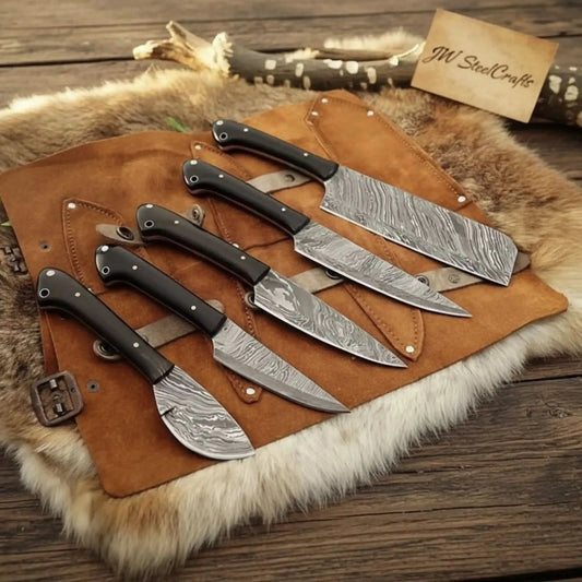 Damascus Kitchen Knife Set - 5-Piece with Black Pakka Wood Handles