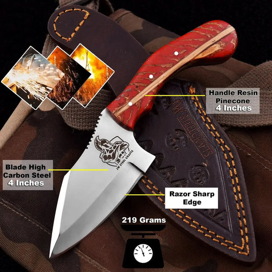 High Carbon Steel Drop Point Hunting Knife — Red Pinecone Resin Handle, Satin Finish Blade & Hand-Tooled Leather Sheath