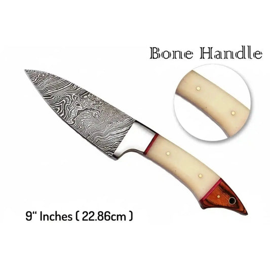 6-Piece Damascus Kitchen Knife Set — Chef, Bread, Fillet, Cleaver & Utility Knives with White Bone and Red Wood Handles, Leather Roll & Sharpener