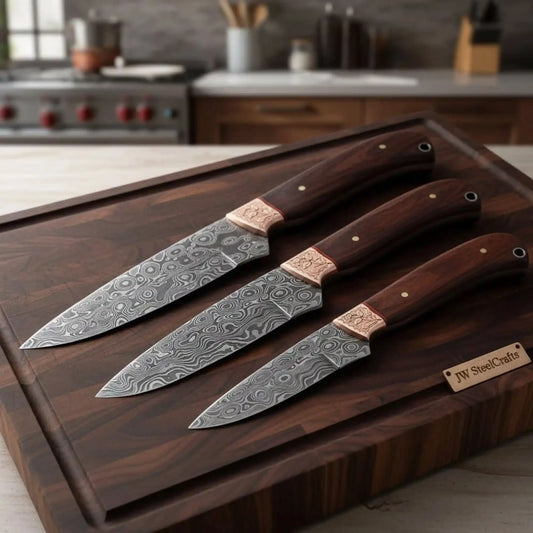 Handmade Damascus Steel Kitchen Knife Set with Engraved Bolsters and Rosewood Handles by JW Steel