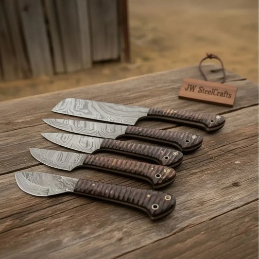 Artisan 5-Piece Damascus Chef Knife Set with Brown Pakka Wood Handles and Lanyard Holes