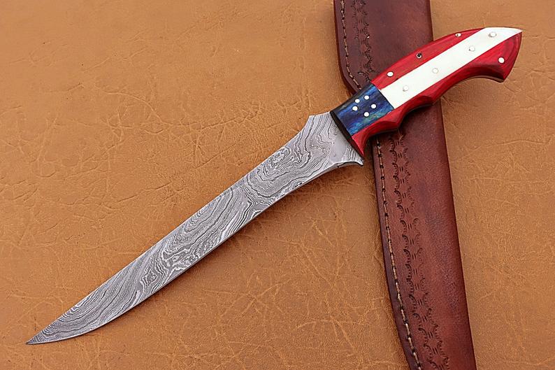 Handmade Damascus Steel Fillet-Boning Knife with Texas Flag Red-Blue Exotic Wood and Bone Handle - 13 Inch Overall Length