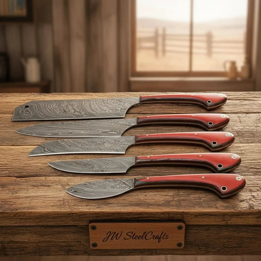 5-Piece Damascus Kitchen Set Cleaver, Gyuto, Bunka, Santoku, Paring Red Pakka Wood