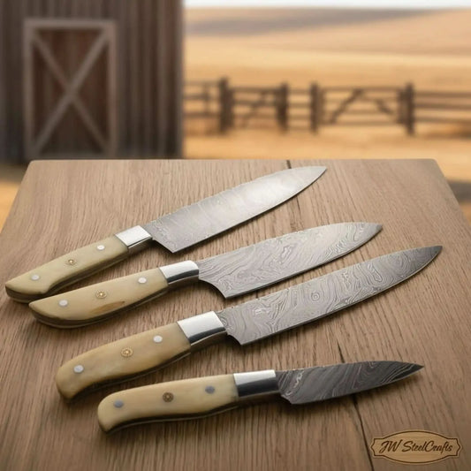 4-Piece Damascus Kitchen Knife Set — Bunka, Gyuto, Utility & Paring with Camel Bone Handles & Steel Bolsters | JW Steel Crafts