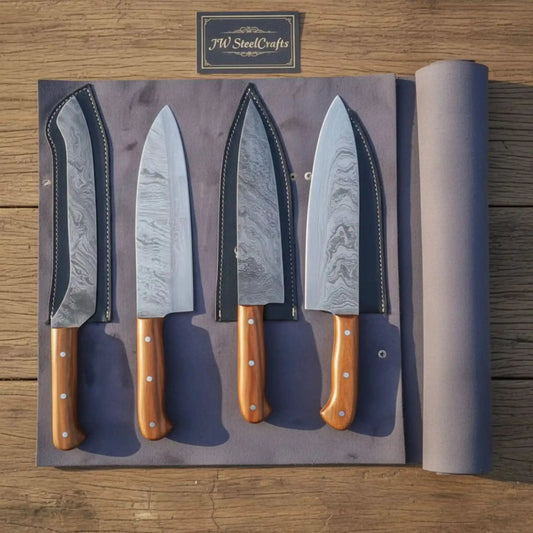 Custom Damascus Japanese Kitchen Quartet – Nakiri, Gyuto, Santoku & Chef Hybrid | Olive Wood Handle Set