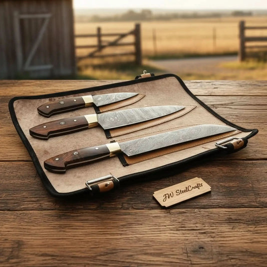 Handmade Damascus Steel 3-Piece Chef Knife Set with Pakka Wood Handles and Leather Roll by JW Steel