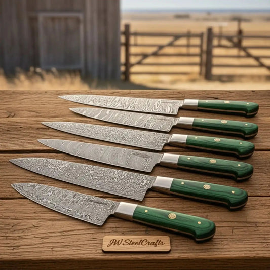 Custom Handmade Damascus Kitchen Knife Set, 6-Piece Bundle, Professional Chef and Utility Knives,