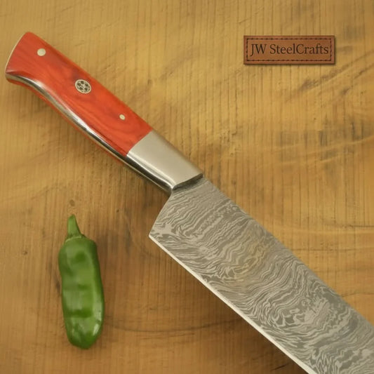 3 Piece Handmade Damascus Kitchen Knife Set, Chef Knife, Utility Knife and Paring Knife, Red Pakka Wood Handle Professional Cutlery JW SteelCrafts
