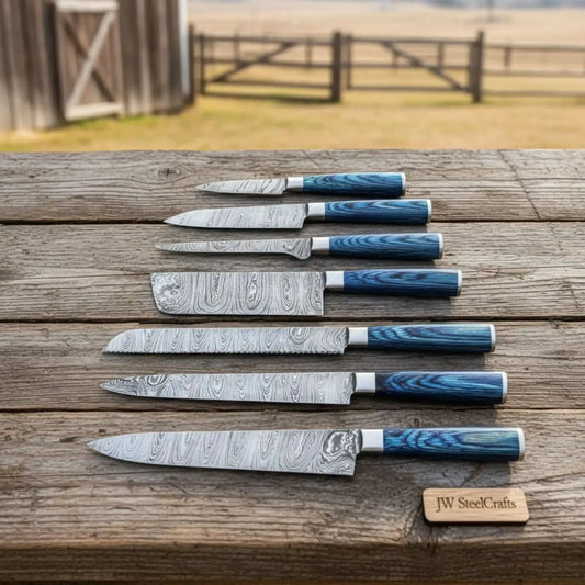 Artisan Damascus Specialty Chef Set — Sujihiki Carver, Nakiri Cleaver & Bunka/Petty Trio Collection