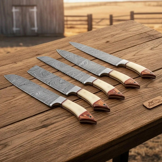 Handmade Damascus Steel Kitchen Knife Set with Bone and Wood Handles