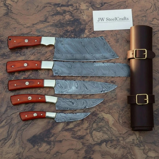 Handmade Damascus Steel Kitchen Knife Set with Leather Roll - 5 Pieces