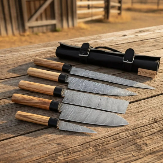 5-Piece Handmade Damascus Knife Set – Gyuto, Sujihiki, Nakiri, Utility & Petty | Olive Wood & Black Resin Handles | Leather Roll Included