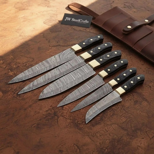 Handmade Damascus Knife Set, Chef Santoku Paring Knives, Pakka Wood Cutlery