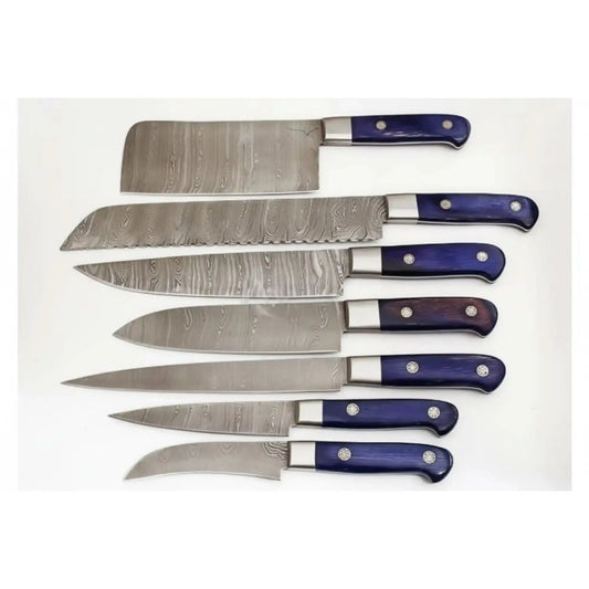 Purple Wood Handle Damascus Kitchen Knife Set | Professional Cooking Knives by JW SteelCrafts