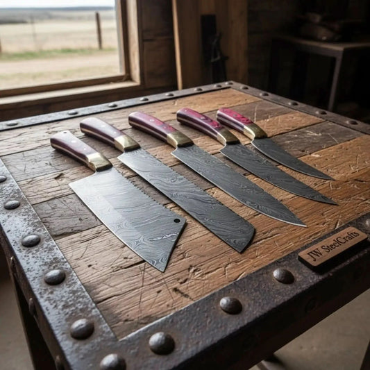 5-Piece Handmade Damascus Kitchen Knife Set – Red Pakkawood Handles & Brass Bolsters | Chef, Santoku, Bread, Utility & Cleaver