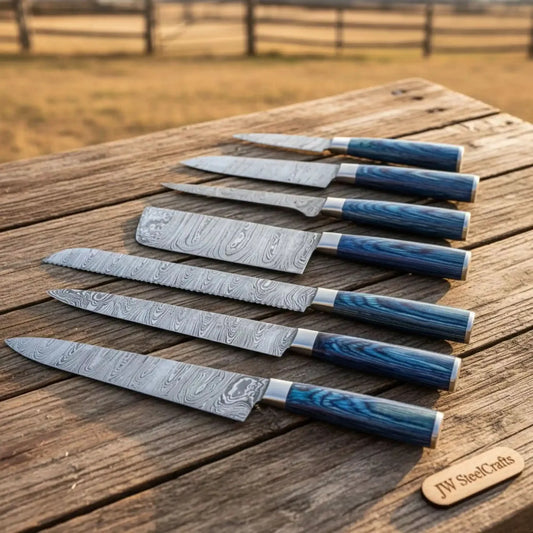 Premium 7-Piece Damascus Kitchen Knife Set – Bread Knife, Gyuto, Santoku & Carving Knives with Blue Pakkawood Handles