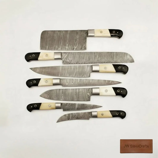 7-Piece Damascus Kitchen Knife Set — Chef, Cleaver, Bread, Santoku, Utility & Paring Knives with White Bone and Black Resin Handles